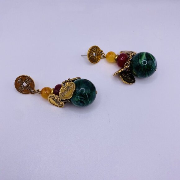 Boho Coin Charm Drop Earrings Green Bead Red Amber Accents Vintage Style - Picture 2 of 3
